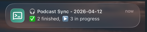 Push notification showing 2 finished, 3 in progress podcasts
