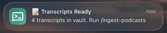 Push notification showing 4 transcripts ready in vault